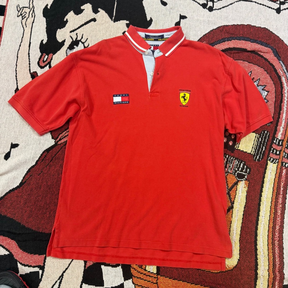 Tommy Hilfiger Ferrari Racing Team Polo Shirt Red Mens Large Vintage F1 Sport